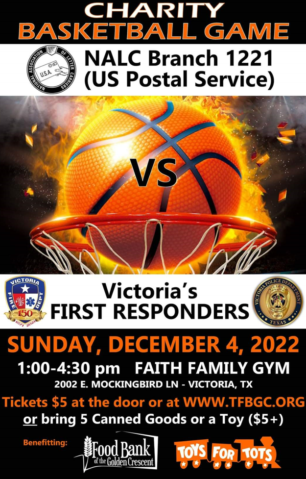 US Postal Service versus Victoria's first responders. Sunday, Dec. 4. Faith Family Gym. Tickets $