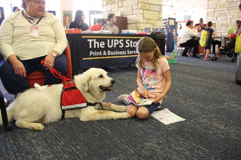 A girl sitting on the library floor reads to a golden retriever in a red harness.