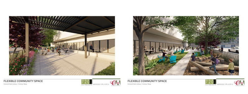 Side by side images of a shaded outdoor space with seating and a sidewalk.
