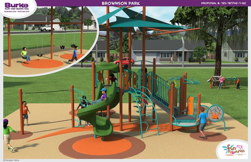 Concept image of covered play structure. Inset image shows a swingset with baby swings included