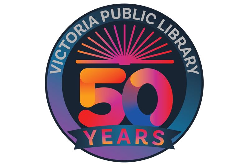 Victoria Public Library 50 years. Logo featuring open book.