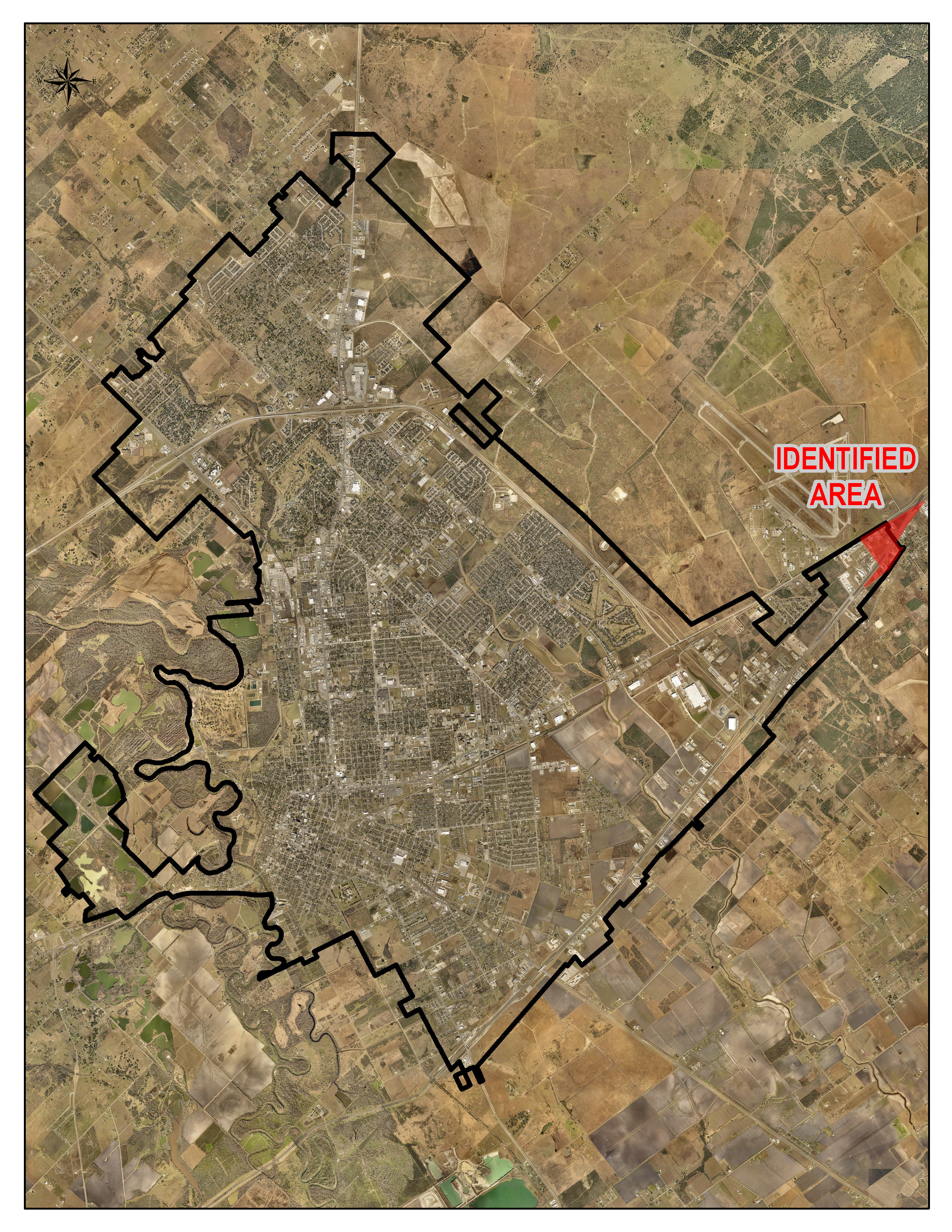 The identified area on the map highlights an area on the Eastmost part of the city limits.