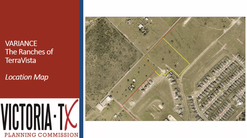 An aerial map with an empty area near a subdivision outlined. Variance: The Ranches of TerraVista.