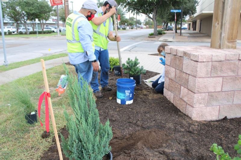 Three people in safety vests dig holes and plant flowers near a decorative sign.