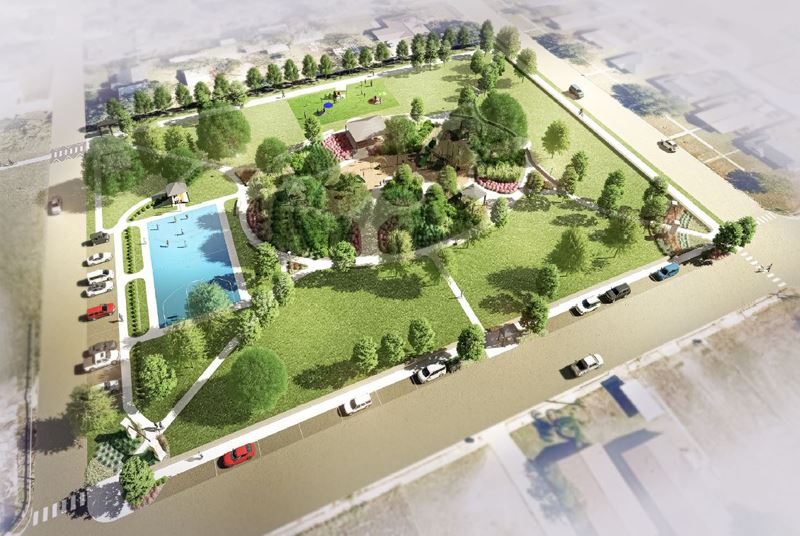 Illustration of MLK park design featuring a basketball court and a wide paved area