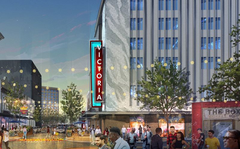 An illustration of a new version of Main Street with string lighting and colorful crosswalks.