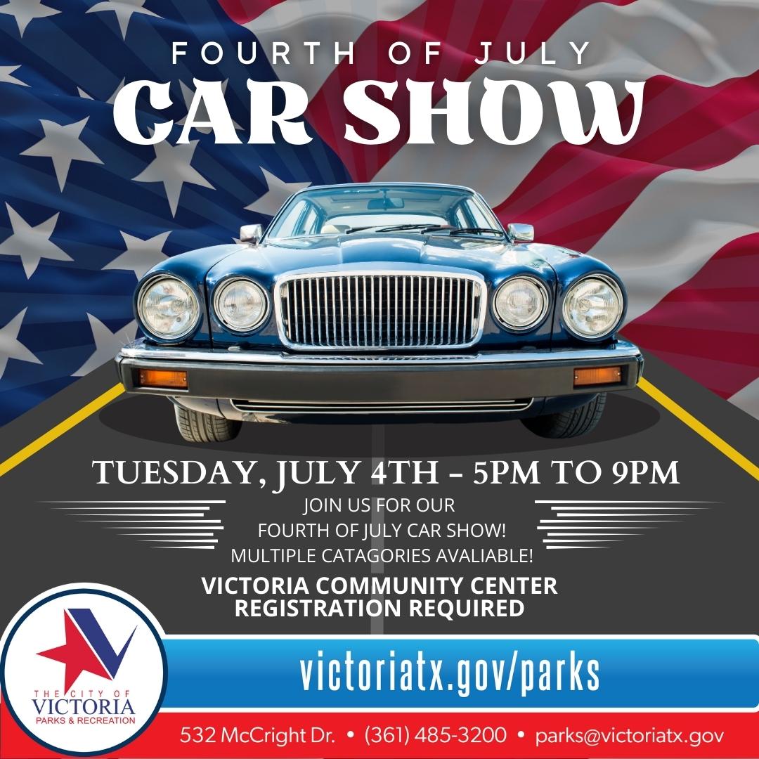 Car show. 5 p.m. to 9 p.m. Multiple categories. Registration required. victoriatx.gov/parks