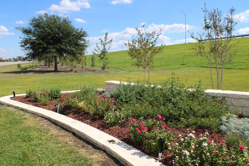 A flowerbed on Loop 463 with brick landscaping and with trees in the background.
