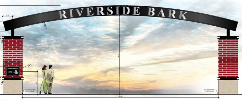 A conceptual rendering of an entryway arch reading Riverside Bark with brick columns.
