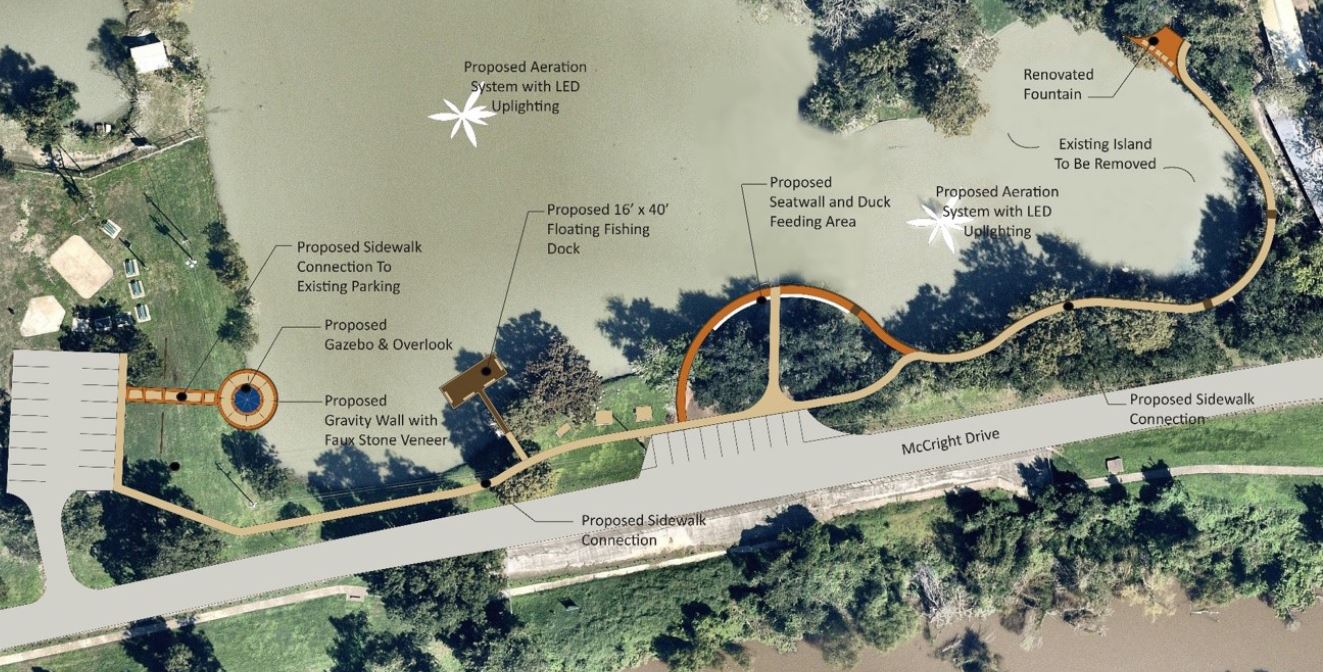 Map shows a new design for the Riverside Park duck pond where the two separate ponds are joined.