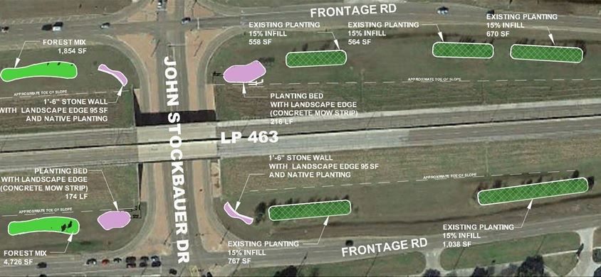 Map showing flowerbeds and tree plantings at John Stockbauer and the Loop