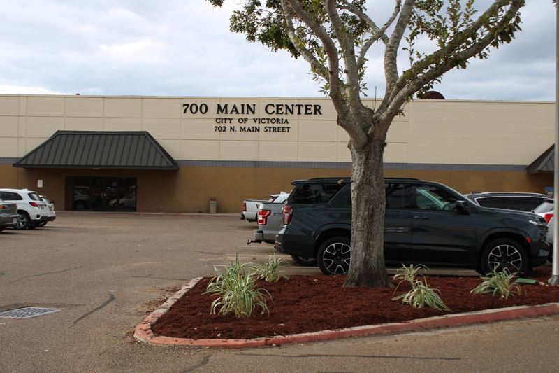 Flowerbed with a tree, shrubbery and new red mulch outside the Utility Billing Office