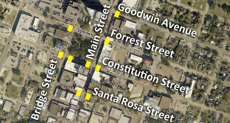 Map showing locations of nine crosswalks in the area of DeLeon Plaza